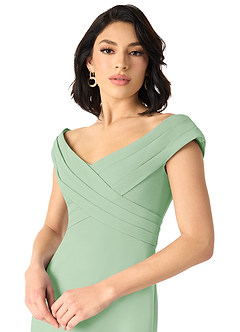 Azazie Evita Robes de demoiselle d'honneur Robe Trapèze en Crêpe Élastique Épaule décolletée Vert Sauge image4