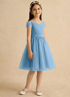 Azazie Lila Girls Formal Robe Demoiselle D'honneur Fillette Robe Trapèze en Tulle Épaule décolletée Acier Bleuté image5