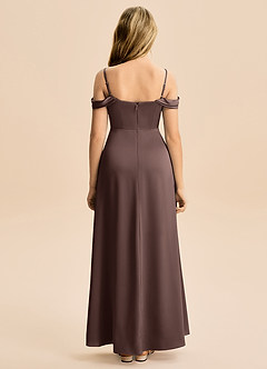 Azazie Lettie Junior A라인 오프 더 숄더 스트레치 새틴 플로어 길이 주니어 신부 들러리 드레스 image3