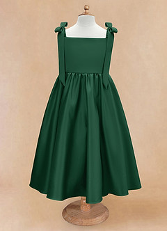 Azazie Chelsie Flower Girl Dresses Dark Green A-Line Bow Matte Satin Dress image5