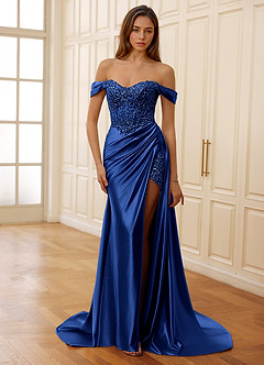 Rowane Blu Reale Abito da ballo in pizzo trasparente con strass e corsetto image3