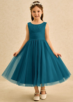 Azazie Macaron Flower Girl Dresses Ink Blue A-Line Pleated Tulle Dress image3