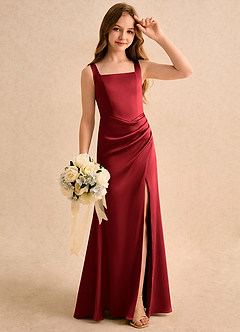 Azazie Noah Girls Formal Robe Demoiselle D'honneur Fillette Robe Fourreau en Satin extensible Plissé Écarlate image4