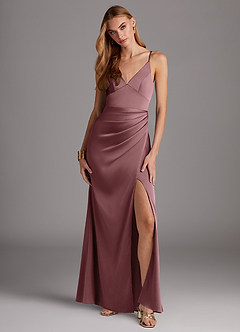 Azazie Shania Bridesmaid Dresses Vintage Mauve Sheath V-Neck Pleated Stretch Satin Dress image1