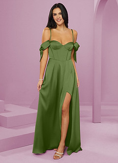 Barbie ♥ Azazie Robes de demoiselle d'honneur Robe Trapèze en Satin extensible Épaule décolletée Genévrier image6