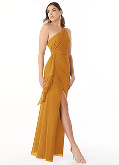 Azazie Maive Bridesmaid Dresses Butterscotch Sheath Pleated Ruffle Chiffon Dress image3