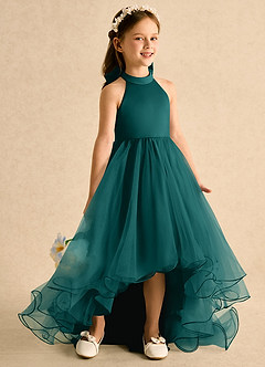 Azazie Melina Robe Demoiselle D'honneur Fillette Robe Trapèze en Tulle Plissé Paon image1