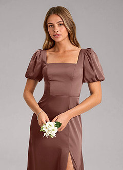 Azazie Fyona Brautjungfernkleider A-Linie Plissee Stretch-Satin Kleid Espresso image6