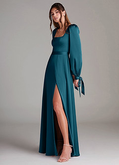 Azazie Leonia Robes de demoiselle d'honneur Robe Trapèze en Satin extensible Manche longue Bleu Encre image5