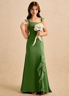 Azazie Novalie Girls Formal Flower Girl Dresses Basil Mermaid Bow Stretch Satin Dress image5
