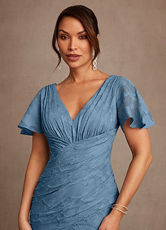 Azazie Jolene Mother of the Bride Dresses Steel Blue Mermaid Pleated Floral Burnout Dress image5
