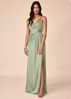 Azazie Aqua Robes de demoiselle d'honneur Robe Trapèze en Satin extensible Col V plissé Vert Sauge image1