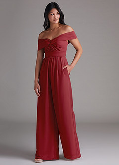 Azazie Lamara Bridesmaid Dresses Pomegranate Off the Shoulder Chiffon Convertible Jumpsuit image4