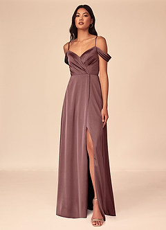 Azazie Ocean Bridesmaid Dresses Vintage Mauve A-Line V-Neck Pleated Stretch Satin Dress image1
