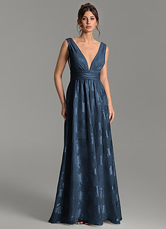 Azazie Vanessa At-home Try On Dresses Dark Navy A-Line Pleated Floral Jacquard Burnout Dress image3