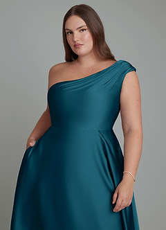 Azazie Melanie Bridesmaid Dresses Ink Blue A-Line Off the Shoulder Stretch Satin Dress image12