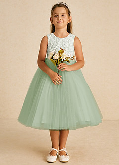 Azazie Missy Flower Girl Dresses Ivory Dusty Sage A-Line Sleeveless Tulle Dress image2
