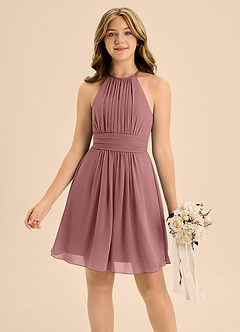 Azazie Bonnie Junior Desert Rose A-Line Pleated Chiffon Dress image3