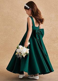Azazie Honey Bear Flower Girl Dresses Pine A-Line Pleated Matte Satin Dress image4