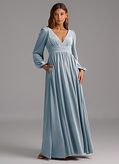 Azazie Norah Bridesmaid Dresses Dusty Blue A-Line Long Sleeve Velvet Dress image5