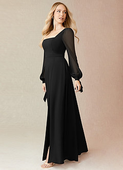 Azazie Leonia Bridesmaid Dresses Black A-Line Long Sleeve Chiffon Dress image4
