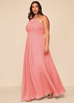 Azazie Ginger Bridesmaid Dresses Coral A-Line Halter Pleated Chiffon Dress image9