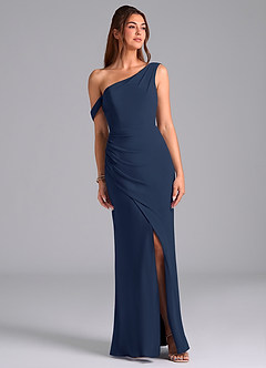 Azazie Madelyn Bridesmaid Dresses Dark Navy Mermaid Off the Shoulder Chiffon Convertible Dress image1