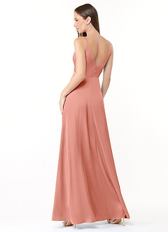 Azazie Dalilah Bridesmaid Dresses Coral A-Line V-Neck Pleated Stretch Satin Dress image2