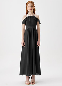 Azazie Chaya Junior Black A-Line Off the Shoulder Chiffon Dress image3