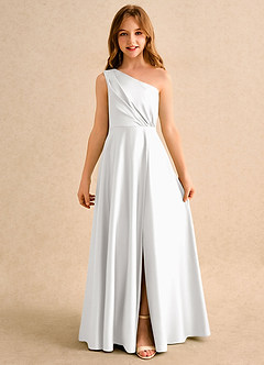 Azazie Puddles Girls Formal Flower Girl Dresses White A-Line One Shoulder Matte Satin Dress image4