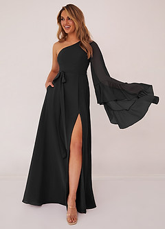 Barbie ♥ Azazie Bridesmaid Dresses Black A-Line Long Sleeve Chiffon Dress image1