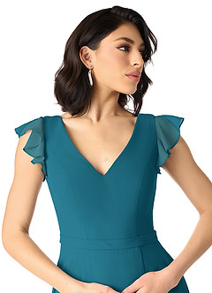 Azazie Claudine Bridesmaid Dresses Ink Blue A-Line Flutter Sleeve Chiffon Dress image4