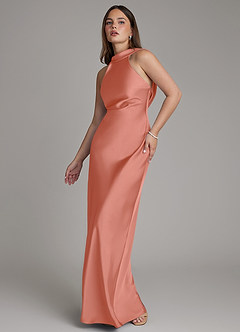 Azazie Dimitra Bridesmaid Dresses Salmon Pink A-Line Pleated Stretch Satin Dress image4