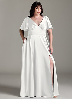 Azazie Kimber Bridesmaid Dresses White A-Line Ruched Stretch Satin Dress image3