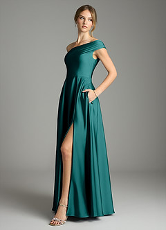 Azazie Melanie Suknie dla druhen Linia A Zza ramienia Satyna elastyczna Do ziemi Sukienka image4