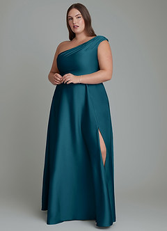 Azazie Melanie Bridesmaid Dresses Ink Blue A-Line Off the Shoulder Stretch Satin Dress image7