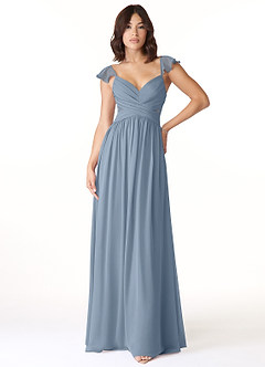 Azazie Lissa Bridesmaid Dresses Dusty Blue A-Line Lace Chiffon Dress image1