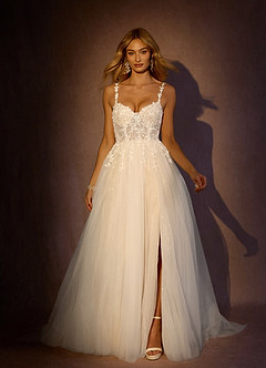 Azazie Florian Wedding Dresses Diamond White Champagne A-Line V-Neck Sequins Tulle Dress image2