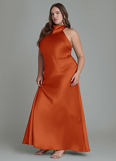 Azazie Velli Vestidos de damas de honor Vestido Pimenton de Satén Metálico de Corte Recto con Cuello alto image12