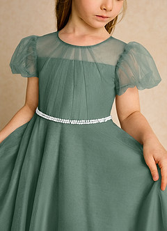 Azazie Duckie Abiti da Ragazza di Fiori Abito Principessa in Tulle Plissettato Eucalipto image6