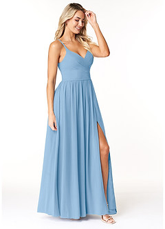 Azazie Dominic Robes de demoiselle d'honneur Robe Trapèze en Mousseline de soie Col V plissé Poudre Bleue image4