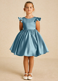 Azazie Tootsie Flower Girl Dresses Moody Blue A-Line Bow Matte Satin Dress image3
