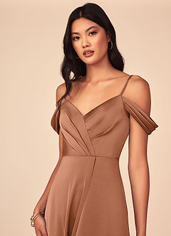 Azazie Ocean Bridesmaid Dresses Bronzer A-Line V-Neck Pleated Stretch Satin Dress image4