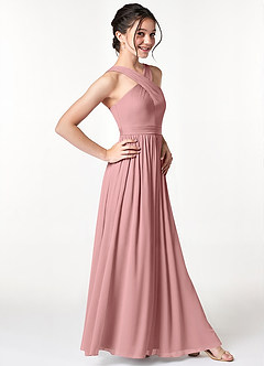 Azazie Jiya Junior Dusty Rose A-Line Pleated Mesh Dress image3