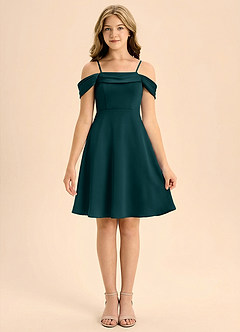 Azazie Anselie Junior A라인 주름진 스트레치 새틴 미니 주니어 신부 들러리 드레스 image3