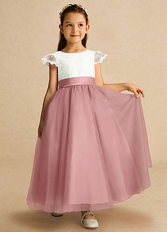 Azazie Pookie vestidos de niña de las flores Vestido Rosa Polvorienta de Tul de Corte en A con Encaje image4