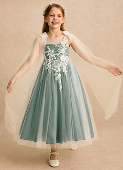 Azazie Amina Flower Girl Dresses Ivory Eucalyptus A-Line Lace Tulle Dress image1