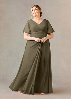 Azazie Morning Glory vestidos de madre de la novia Vestido de Verde Sauce de Gasa de Corte en A con Cuello en V fruncido image5