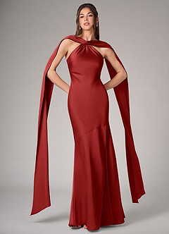 Azazie Kinsley Bridesmaid Dresses Pomegranate Mermaid Side Slit Stretch Satin Dress image1