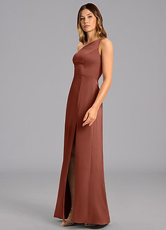 Azazie Phaedra Bridesmaid Dresses Auburn A-Line One Shoulder Stretch Satin Dress image5